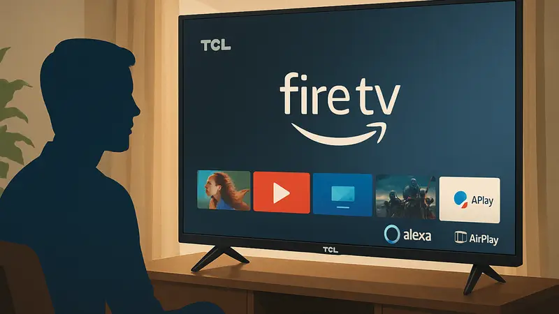 Смарт-телевизор TCL 40 дюймов с включенным интерфейсом Fire TV и логотипами Alexa и AirPlay.