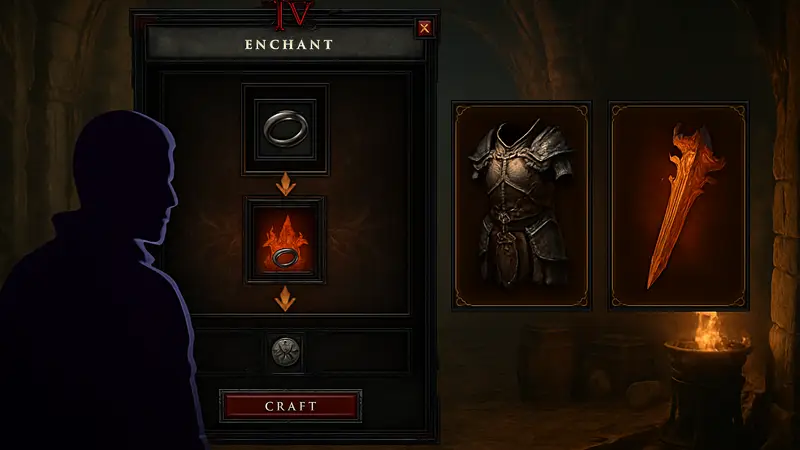 Скриншот Diablo 4 с интерфейсом крафта и легендарными предметами из Lord of Hatred