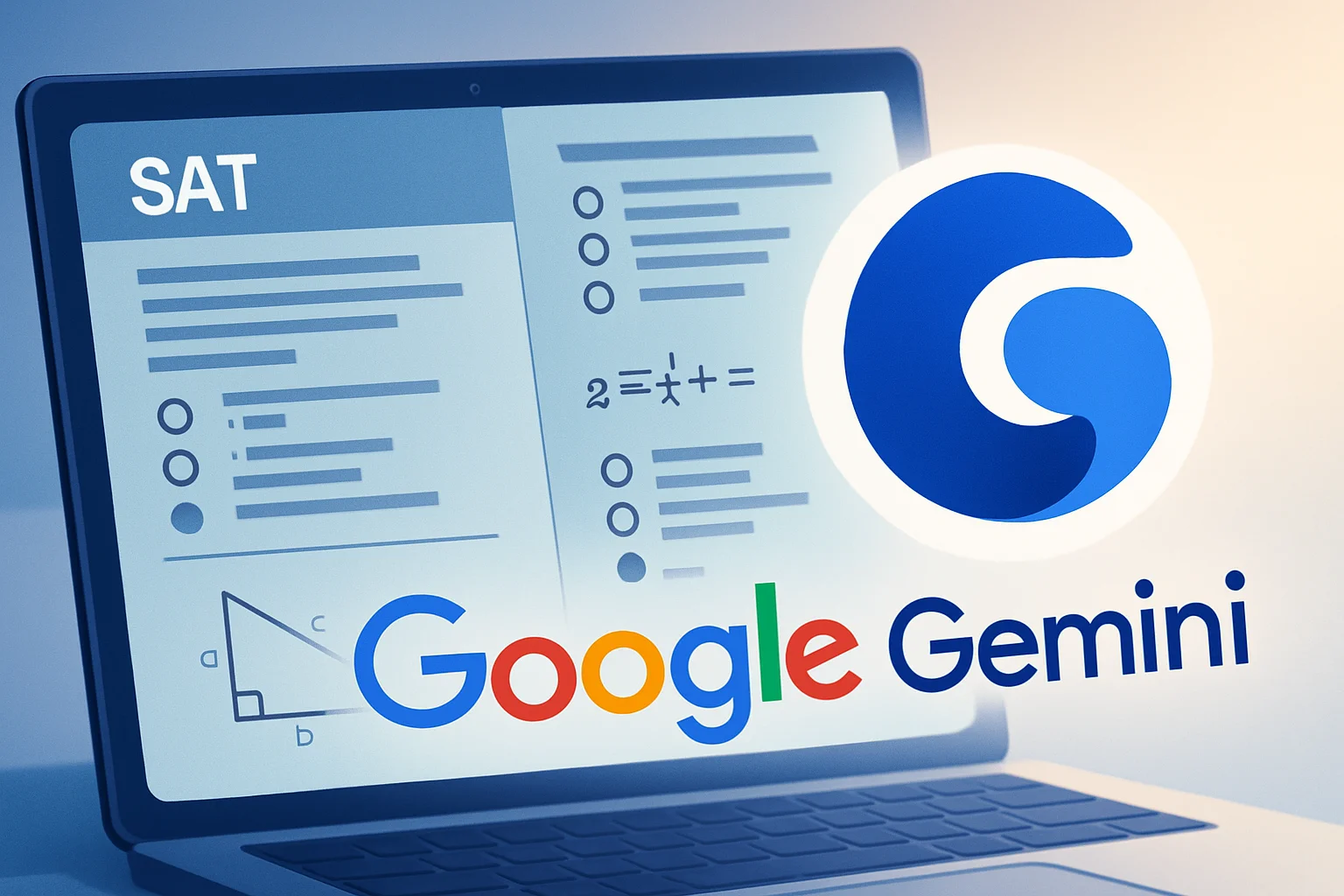 Логотип Google Gemini на фоне экрана с заданиями SAT, символизирующий бесплатные тесты для студентов.