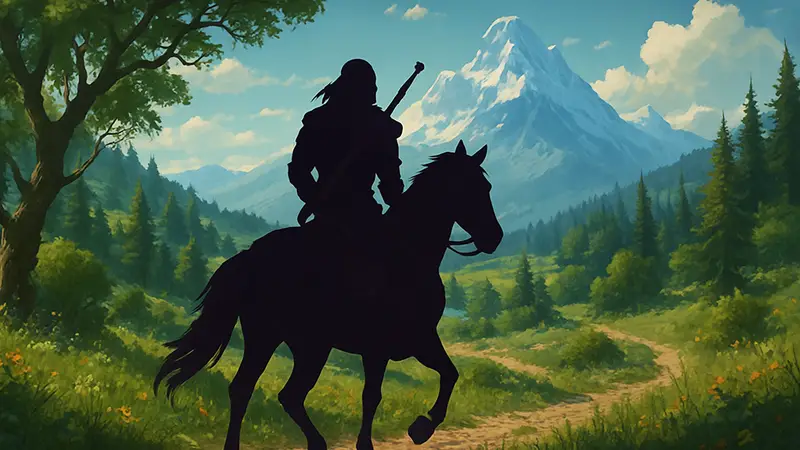 Геральт из Ривии верхом на Плотве, скачущий по живописным просторам из игры The Witcher.