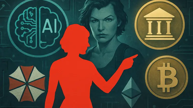 Милла Йовович на фоне символов ИИ и криптовалют, продвигающая MemPalace.