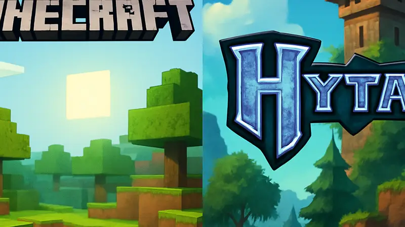 Скриншот или логотип Minecraft рядом с логотипом Hytale, символизирующий сравнение двух кубических игр.