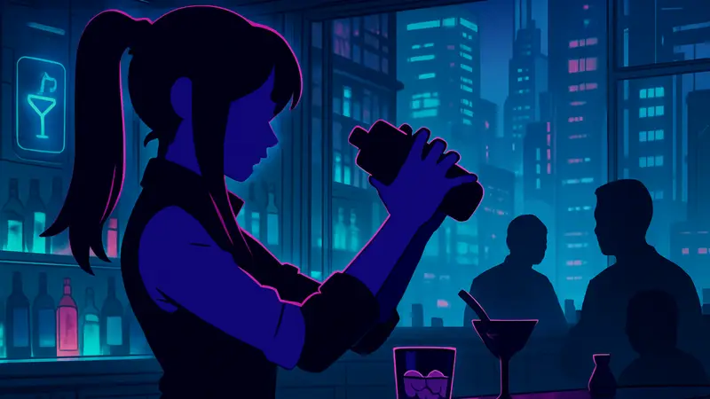 Главная героиня из игры VA-11 Hall-A, смешивающая коктейли в киберпанк-баре.