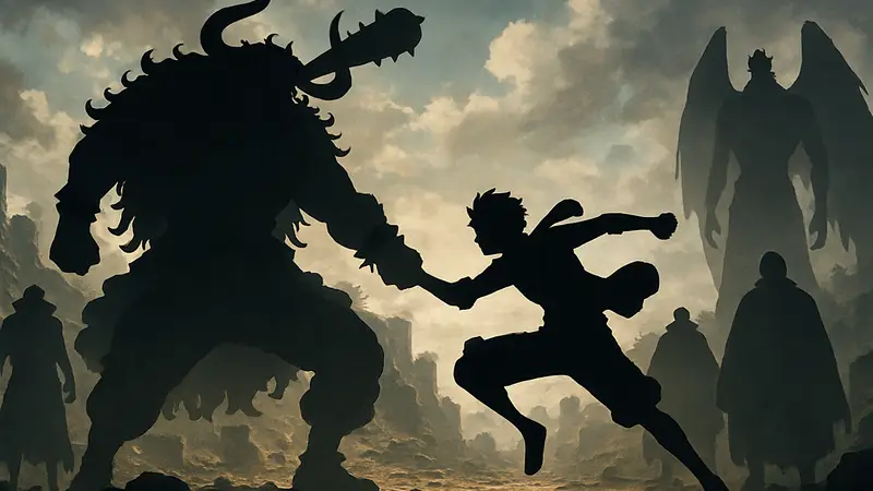 Кайдо сражается с Луффи на фоне других злодеев One Piece.