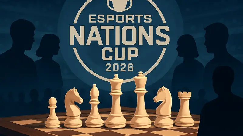 Шахматная доска на фоне логотипа Esports Nations Cup 2026