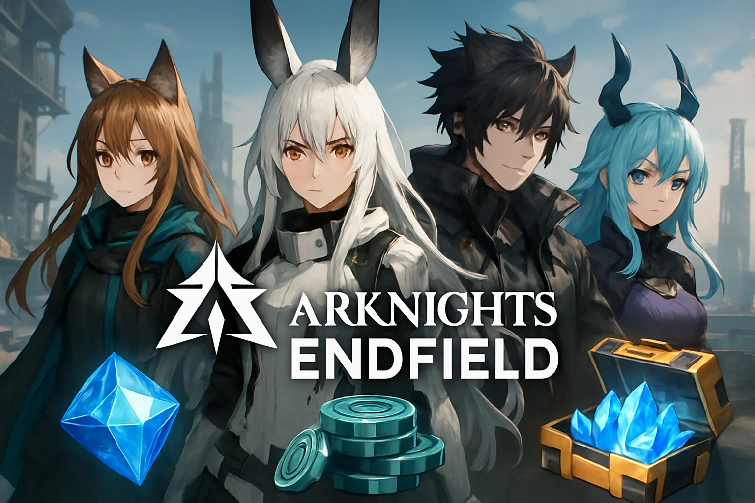 Логотип Arknights Endfield, на фоне видны игровые персонажи и бонусы. Ключевые слова: Arknights Endfield, коды, гача.