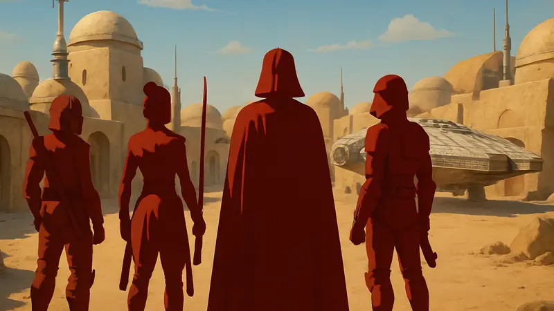 Персонажи Fortnite в костюмах «Звездных войн» на фоне построенного Мос Эйсли в игре.