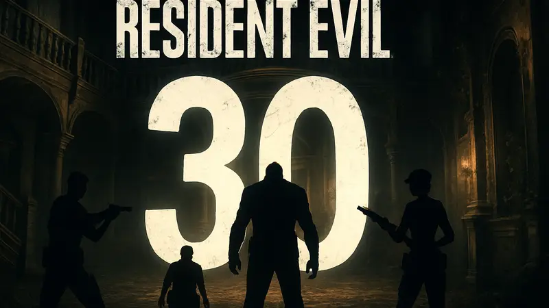 Логотип Resident Evil на фоне праздничной цифры 30, символизирующий юбилей серии