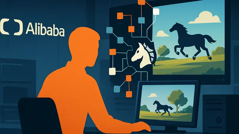Логотип Alibaba Cloud и схематичное изображение генерации видео с помощью ИИ-модели HappyHorse 1.1.