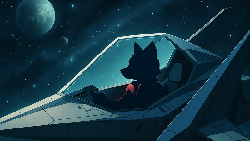 Главный герой Star Fox, Фокс МакКлауд, в кабине Arwing на фоне космоса