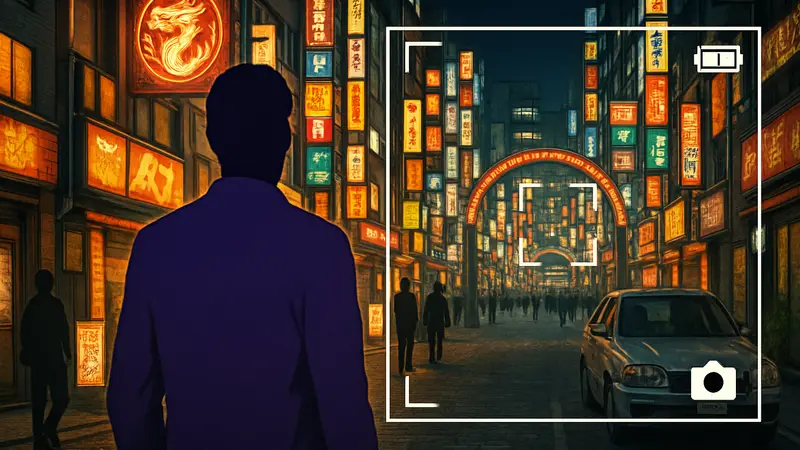 Игровой скриншот Yakuza Kiwami 3 с изображением Камурочо и элементами фотосъемки, показывающий место для фото ралли.