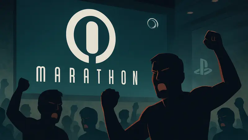 Логотип игры Marathon от Bungie на фоне разъярённых фанатов PlayStation.
