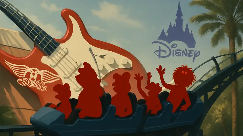Маппеты на американских горках Rock 'n' Roller Coaster в Disney World, с логотипами Aerosmith и Disney.