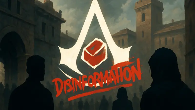 Логотип Assassin's Creed с пометкой "фейк" или "дезинформация", стилизованный под ИИ-генерацию.