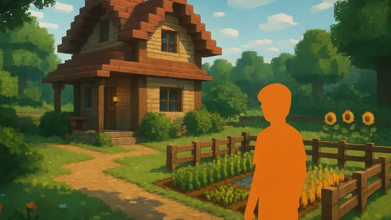 Игровой скриншот Minecraft с аддоном Slice of Life, показывающий уютный дом и ферму.