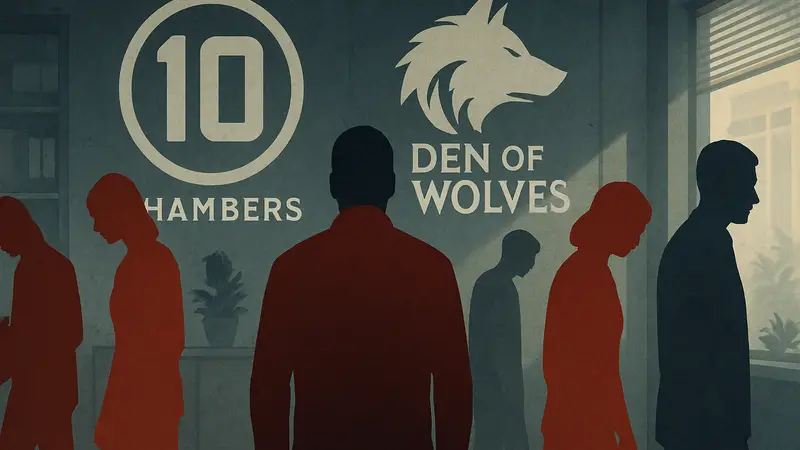 Логотип студии 10 Chambers и игры Den of Wolves на фоне новости об увольнениях.