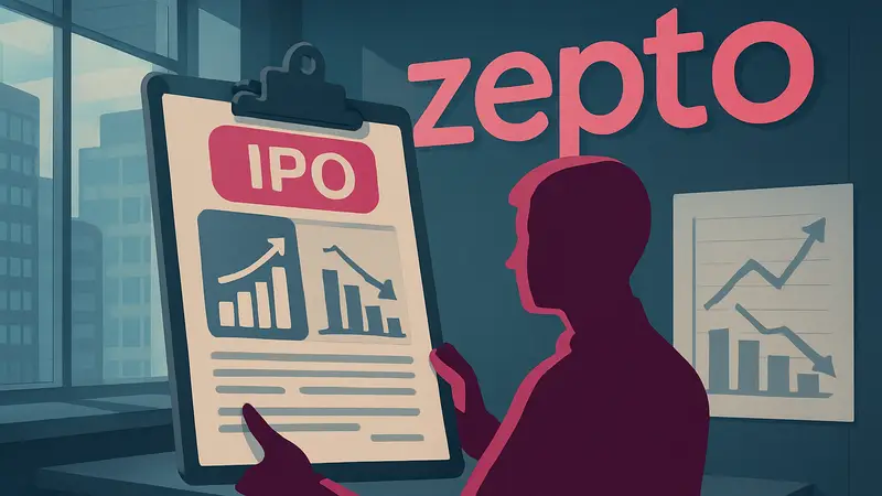 Заявка Zepto на IPO, логотип компании, финансовые графики роста и убытков в отчёте.
