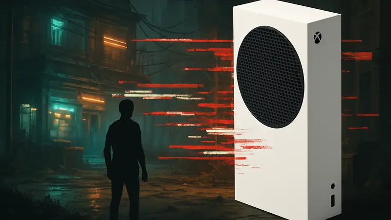 Консоль Xbox Series S и геймплей игры Replaced, демонстрирующие технические проблемы