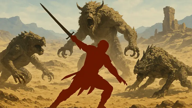 Скриншот из игры Crimson Desert: главный герой сражается в пустыне с монстрами