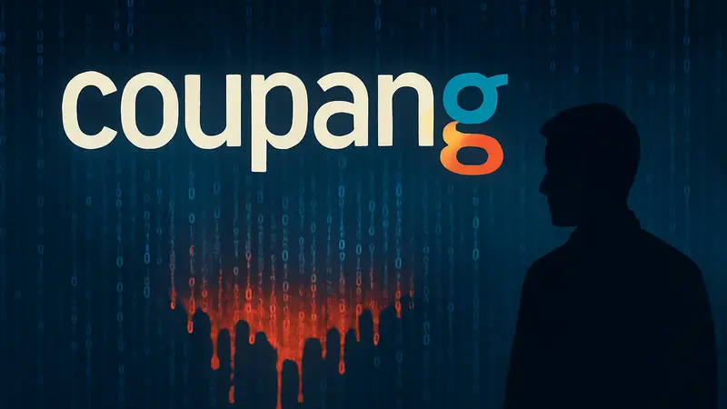 Логотип Coupang на фоне цифровых данных, символизирующих утечку информации