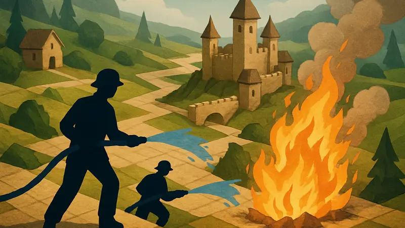 Геймплей игры Painted Kingdoms, где пожарные тушат огонь на бумажной карте.