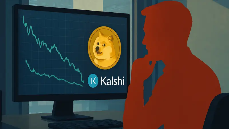 График Dogecoin и логотип Kalshi на экране компьютера