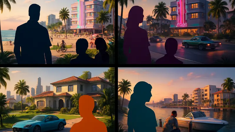 Скриншоты Grand Theft Auto VI, показывающие город Vice City и персонажей игры.