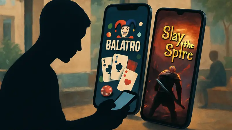 Обложки мобильных игр Balatro и Slay the Spire на экранах смартфонов, как часть топ-10 подборки.
