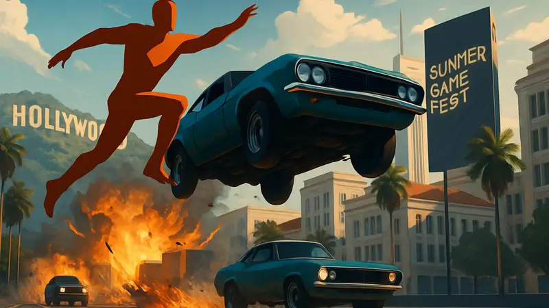 Каскадёр выполняет опасный трюк в игре Stuntman Hollywood, представленной на Summer Game Fest.
