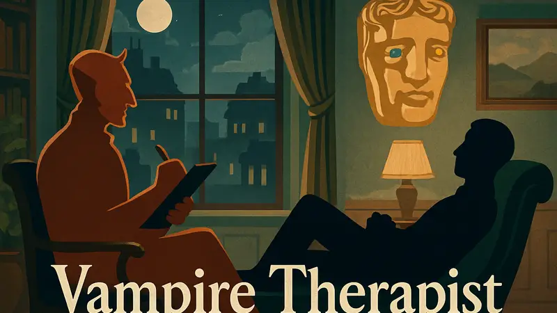 Игровой арт Vampire Therapist с вампиром-терапевтом и пациентом на фоне обложки BAFTA