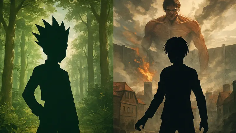 Иллюстрация к манге Hunter x Hunter и Атака Титанов, сравнение тёмных сёненов.