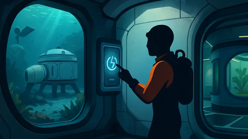 Игрок Subnautica 2 проверяет энергоснабжение подводной базы, кислород