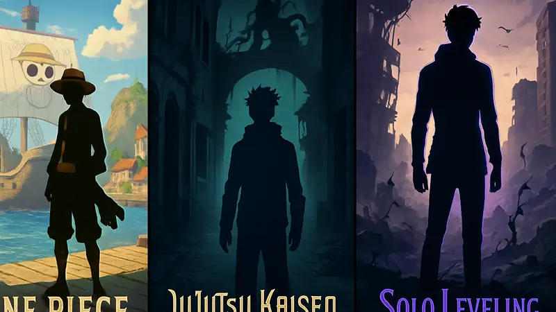 Постеры аниме One Piece, Jujutsu Kaisen и Solo Leveling, стилизованные под обложки видеоигр.