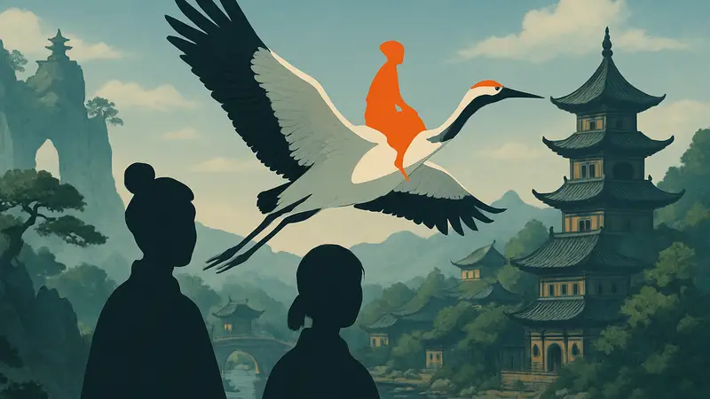 Скриншот из игры The Crane Rider's Tale, демонстрирующий персонажей на фоне мира, вдохновленного китайским фольклором и гигантским краном.