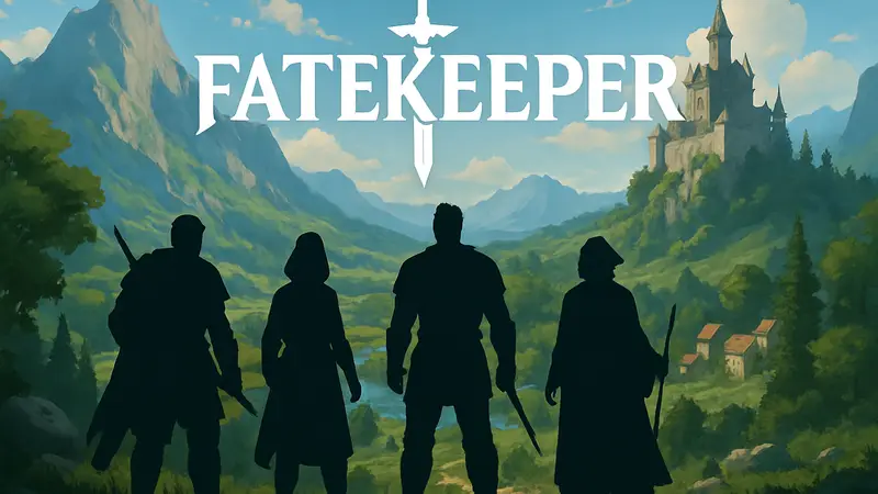 Логотип игры Fatekeeper на фоне фэнтезийного пейзажа с персонажами.