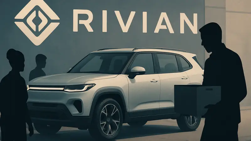 Логотип Rivian на фоне электромобиля R2, символизирующий сокращение штата.
