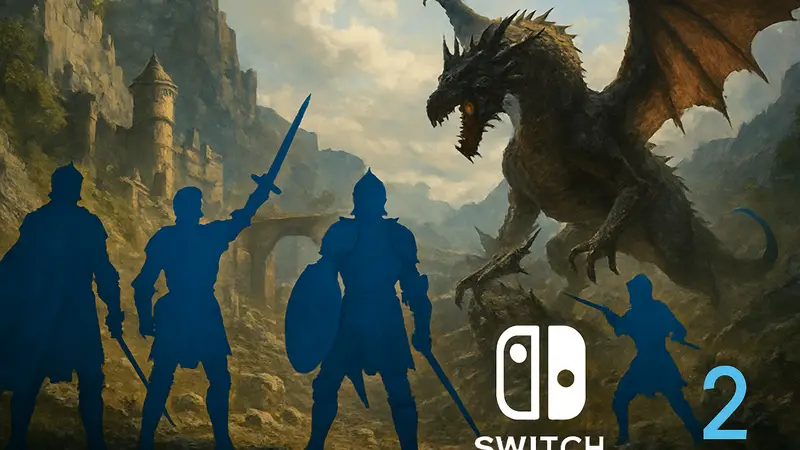 Кадр из Dragon's Dogma 2, фэнтезийный мир, рыцари и монстры, логотип Switch 2.