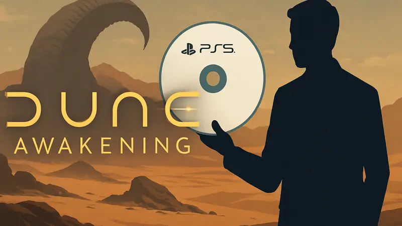 Логотип Dune: Awakening на фоне диска PS5, символизирующий неудачный анонс игры.