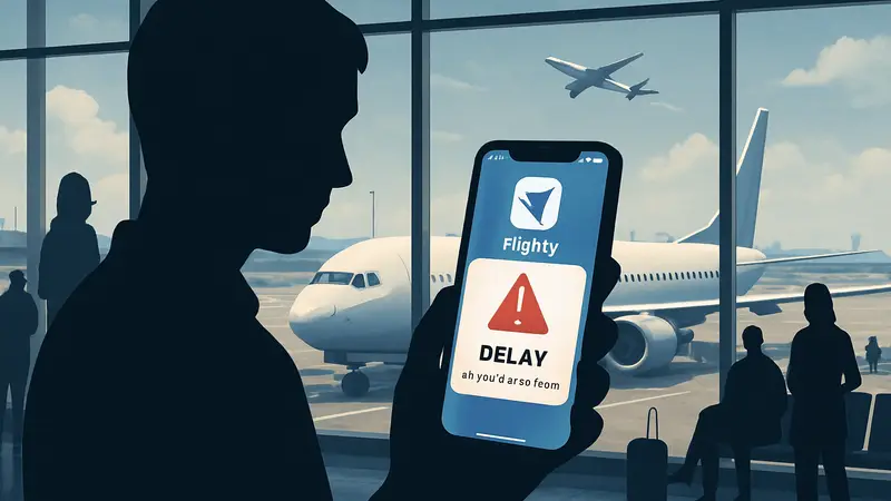 Экран смартфона с приложением Flighty, показывающим уведомление о задержке рейса в аэропорту.