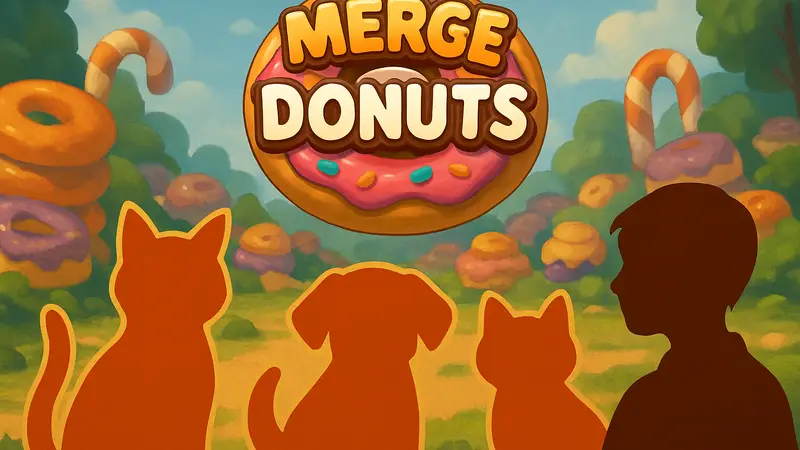 Конкурс Merge Donuts Furry Friends. Логотип игры и милые стилизованные питомцы.