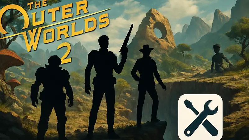 Логотип The Outer Worlds 2, скриншот с персонажами, исправление багов