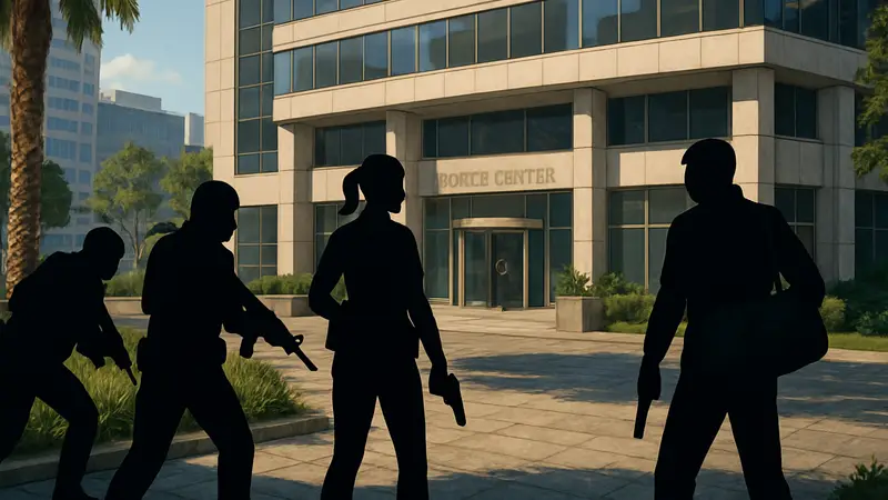Скриншот ограбления «Центр Кортца» в GTA Online с видом на локацию.