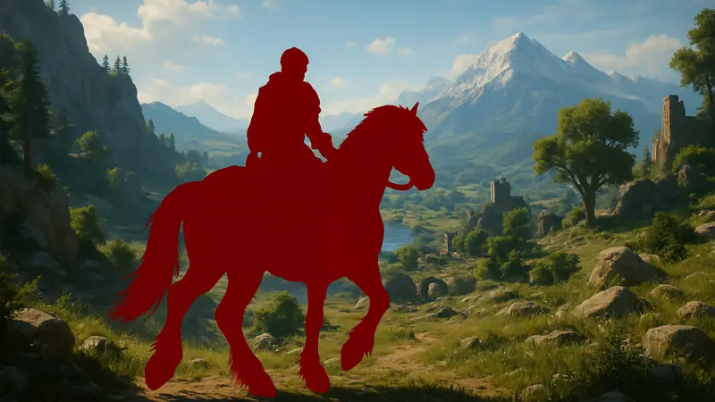 Скриншот из Crimson Desert с персонажем на новом ездовом животном в открытом мире фэнтези