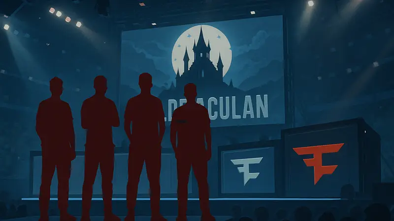 Игроки FaZe Clan на сцене киберспортивного турнира DraculaN 6 перед матчем плей-офф.