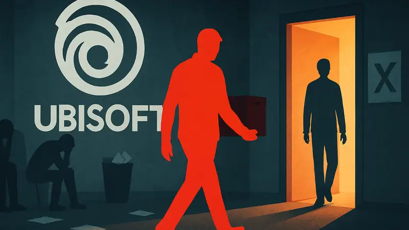 Логотип Ubisoft на фоне, символизирующем увольнения и прекращение разработки игр