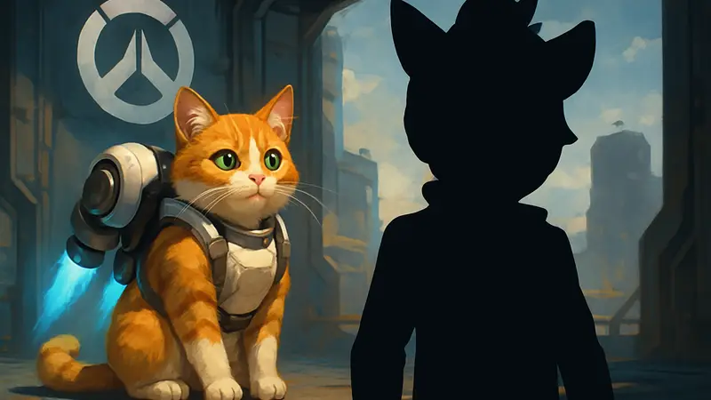 Изображение Кота-реактивщика из Overwatch рядом с силуэтом нового, ещё более странного персонажа от Blizzard.