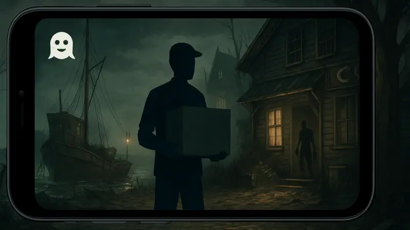 Игровой скриншот Easy Delivery Co. с элементами хоррора и загадочности, показывающий мобильную версию.