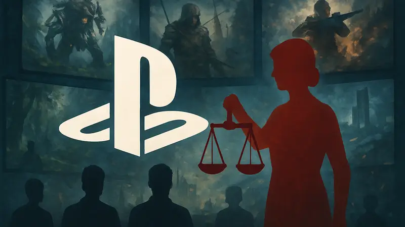 Логотип PlayStation на фоне цифровых игр, символизирующий судебный иск против Sony из-за закрытия сервисов.