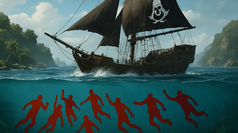 Скриншот из Assassin's Creed Black Flag с тонущим кораблем и экипажем под водой