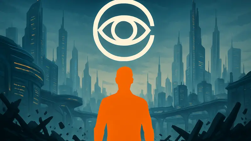 Логотип игры MindsEye на фоне футуристического города, символизирующий саботаж и тайны.